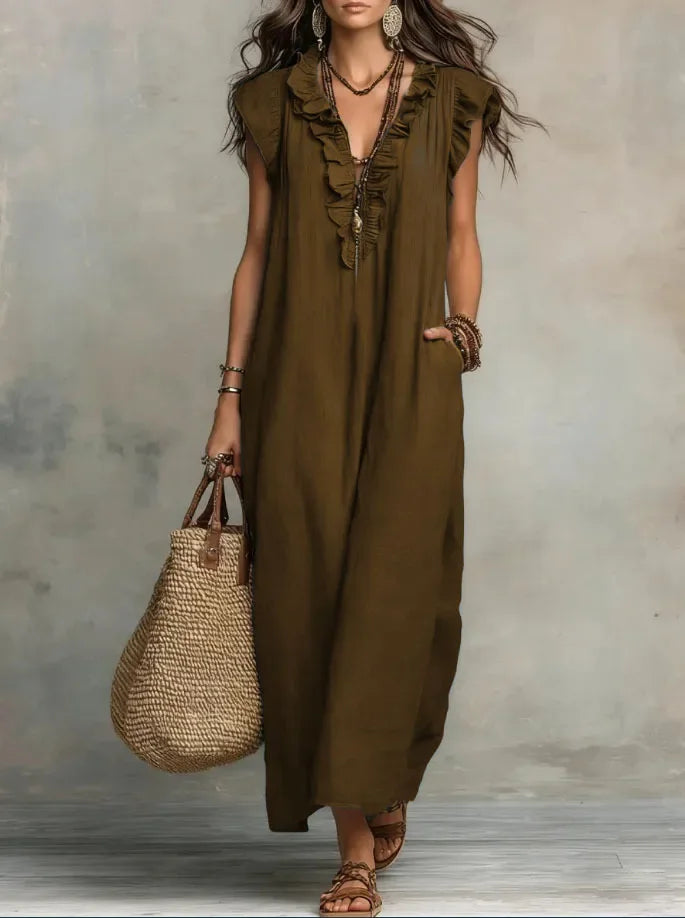 Women's Retro Bohemian Ruffle Linen Maxi Dress, Ruffle V-Neck Sleeveless Loose Summer Dress with Pockets, Summer Casual High-Waist Loose Beach Maxi Dress, Sunny Dress with Flutter Sleeves and Floor-Length Skirt