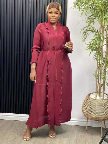 EGRM Miyake Pleated Maxi Long Dress Solid Ruffles Full Sleeve with Belt Formal Dresses for Women  Summer New Hot Sales 8R295
