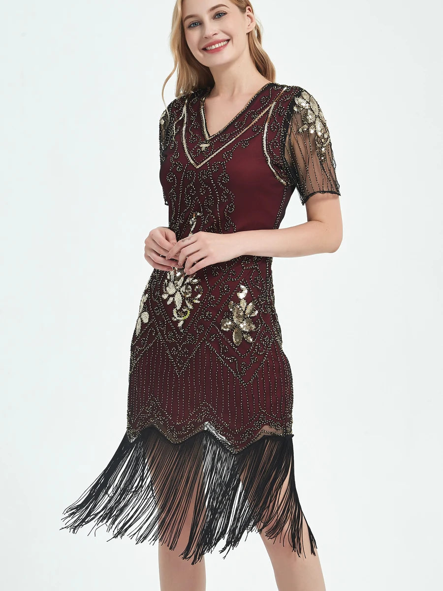 Embellished Beaded Sequin Dress Robe Vestidos Women 1920s Flapper Dress Vintage V Neck Butterfly Sleeve Long Great Gatsby Dress