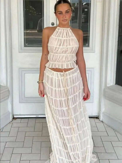 Fashion Halter Neck Long Skirt Suit Women Backless Sling Top Lace Up Fold Maxi Skirts  New Summer Female 2 Piece Set Outfits