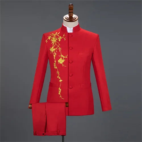 Neuer Herren Stehkragen Bestickter Anzug 2-teilig Schwarz / Weiß / Rot Mode Herren Bühne Party Perform Blazer und Hose
