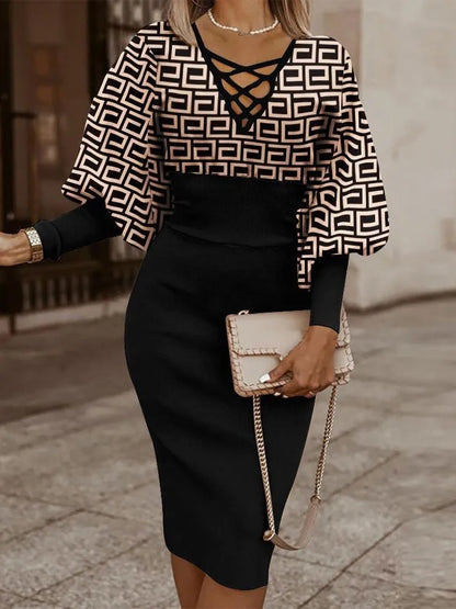 Elegant Long-sleeved V-neck Waist Dress For Women Fashionable Autumn Winter Slim Vintage Printing Hip-covering Dresses Female