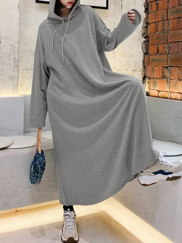 Autumn Hoodies Long Sleeve Sweatshirt Dress ZANZEA Women Winter A-Line Maxi Sundress Casual Hooded Pullover Vestido Oversized