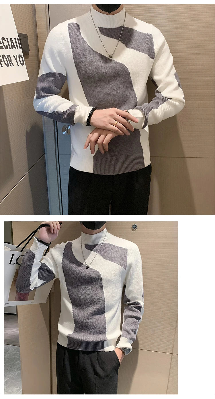 2023 Autumn/Winter Colored Half Turtleneck Sweater Men Long Sleeve Slim Fit Casual Pullover Social Underlying Knitwear Tops