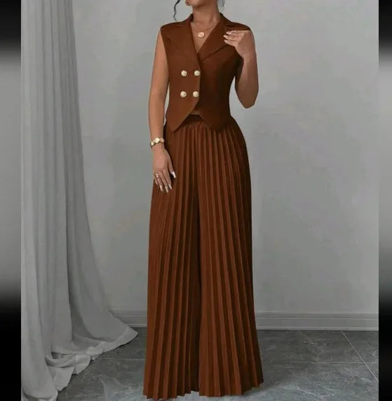 Summer Women's Fashionable Casual Lapel Suit Elegant Commuting Solid Color Sleeveless Top + Trousers Sexy Two-piece Set