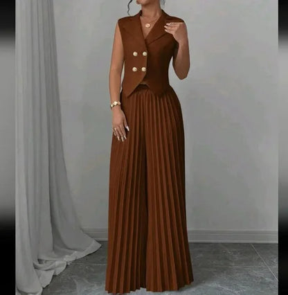 Summer Women's Fashionable Casual Lapel Suit Elegant Commuting Solid Color Sleeveless Top + Trousers Sexy Two-piece Set
