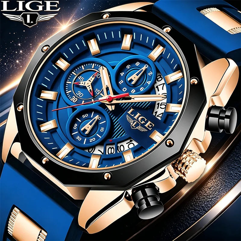 LIGE Casual Sport Men Watch Luxury Quartz Men Watches Military Silicagel Wristwatch Fashion Waterproof Chronograph Watch for Men