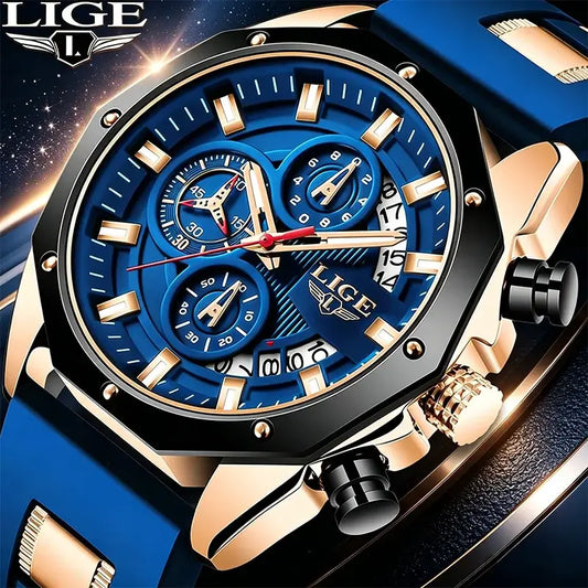 LIGE Casual Sport Men Watch Luxury Quartz Men Watches Military Silicagel Wristwatch Fashion Waterproof Chronograph Watch for Men