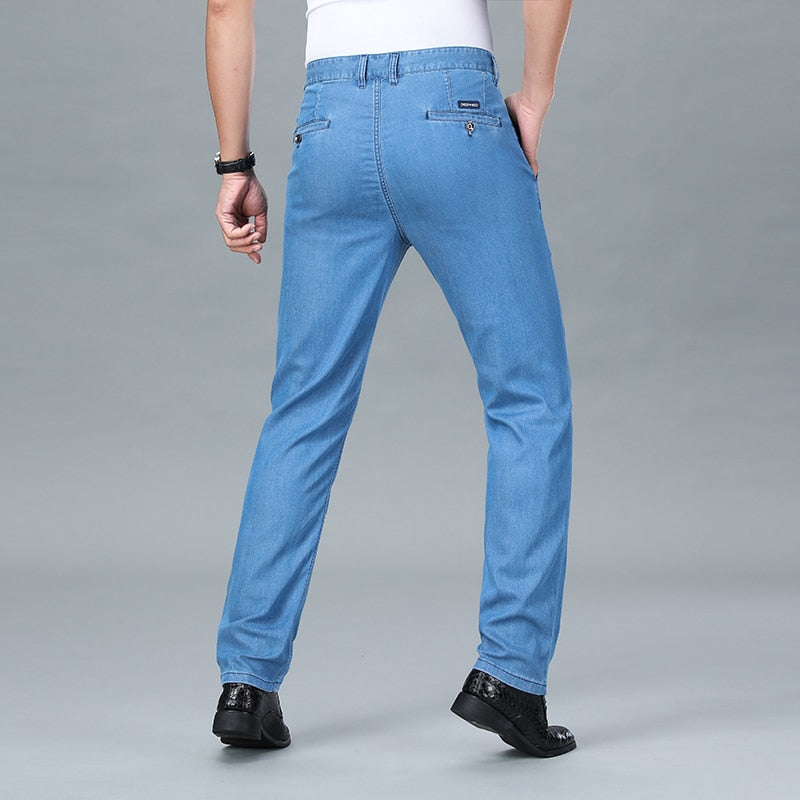 New Spring 2023 Men&#39;s Light Blue Stretch Straight Jeans Business Casual Denim Pants Modal Fabric Trousers Male Brand