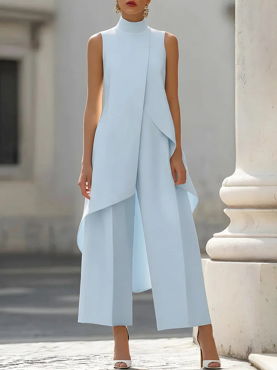 Sleeveless High Neck Asymmetrical Layered Wide Leg Jumpsuit for Women Elegant Formal Evening Wear