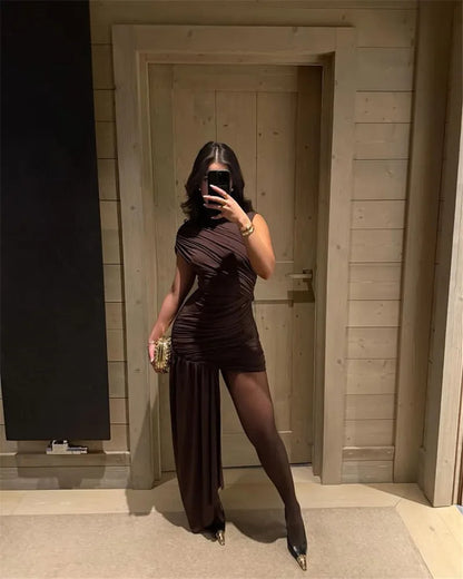 Mozision Irregular Draped Ruched Sexy Mini Dress For Women Elegant Turtleneck Sleeveless High Waist Pleated Club Party Dress
