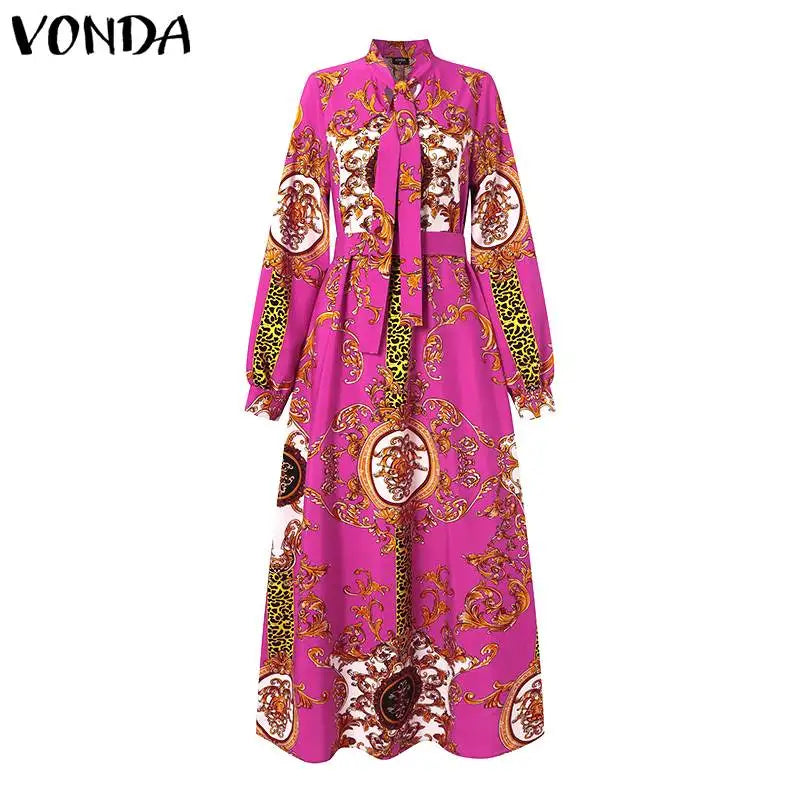 VONDA Maxi Dress 2024 Summer Women Bohemian Printed Party Sundress Long Sleeve Stand Collar Casual Robe Holiday Vestidos Belted