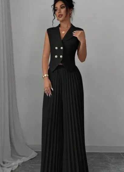 Summer Women's Fashionable Casual Lapel Suit Elegant Commuting Solid Color Sleeveless Top + Trousers Sexy Two-piece Set
