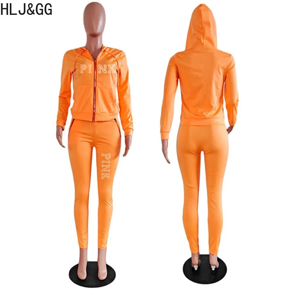 HLJ&GG Casual PINK Letter Print Two Piece Sets Women Outfits Fall Winter Hooded Zip Coat And Pants Tracksuits Female Sport Suits