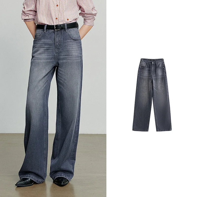 TOYOUTH Women Denim Jeans  Autumn New Cotton High Street Wide Leg Pants Gray