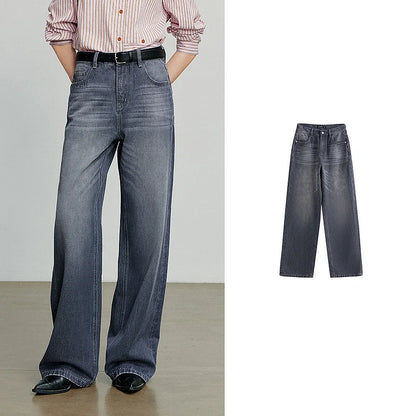 TOYOUTH Women Denim Jeans  Autumn New Cotton High Street Wide Leg Pants Gray