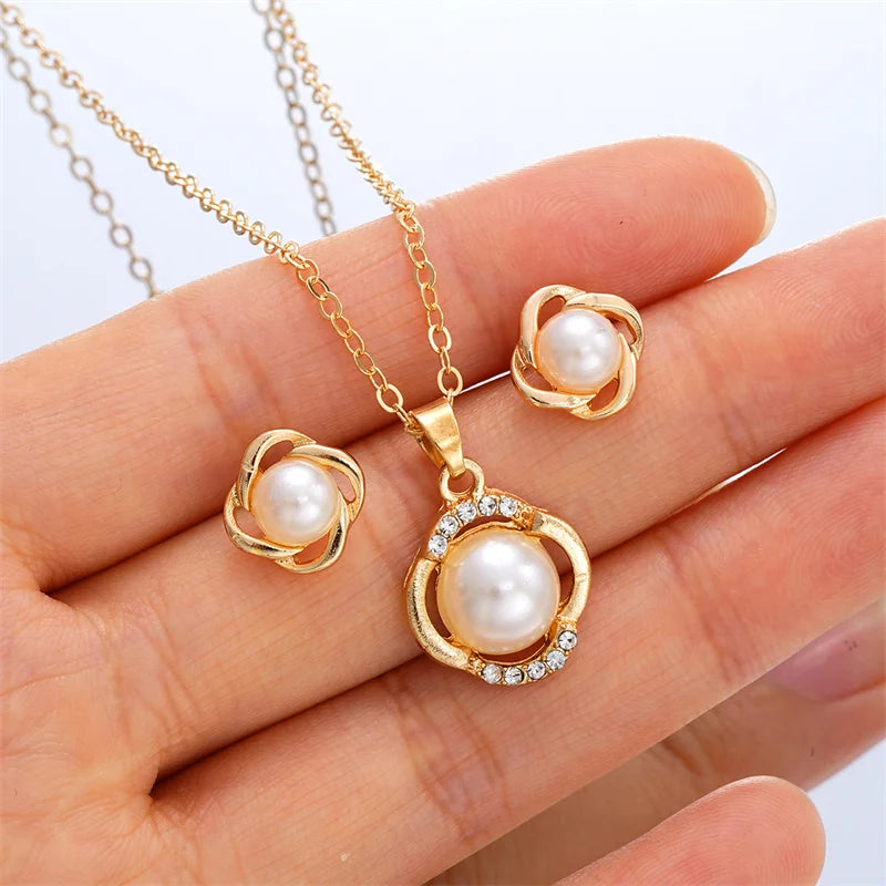 3pcs Shining Zircon Flower Jewelry Sets for Women Light Luxury Imitation Pearl Pendant Necklace Earrings Banquet Party Jewelry