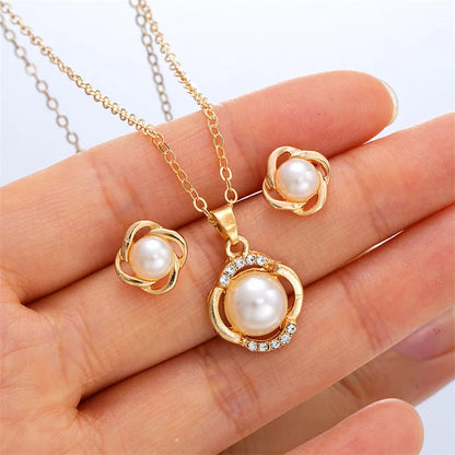 3pcs Shining Zircon Flower Jewelry Sets for Women Light Luxury Imitation Pearl Pendant Necklace Earrings Banquet Party Jewelry