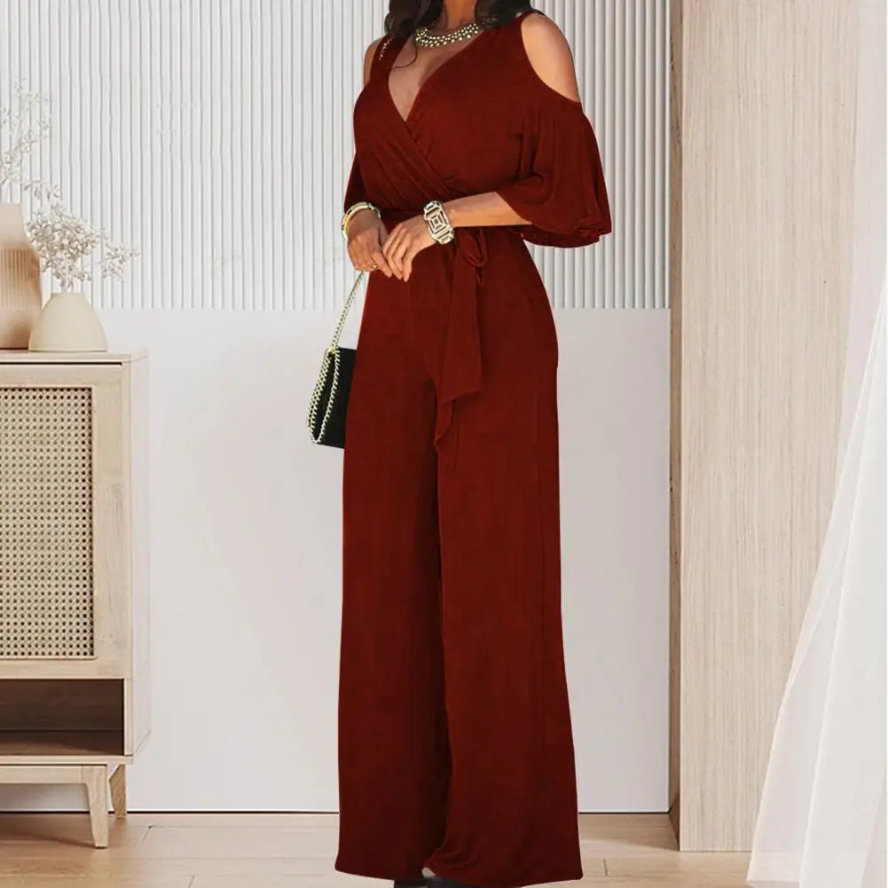 Spring And Autumn Women Jumpsuit Hollowed Out Strapless Solid Color Women Jumpsuit V-neck High Waist Belt Wide-leg Pant