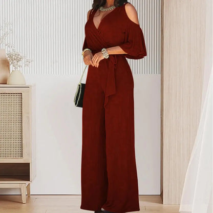 Spring And Autumn Women Jumpsuit Hollowed Out Strapless Solid Color Women Jumpsuit V-neck High Waist Belt Wide-leg Pant
