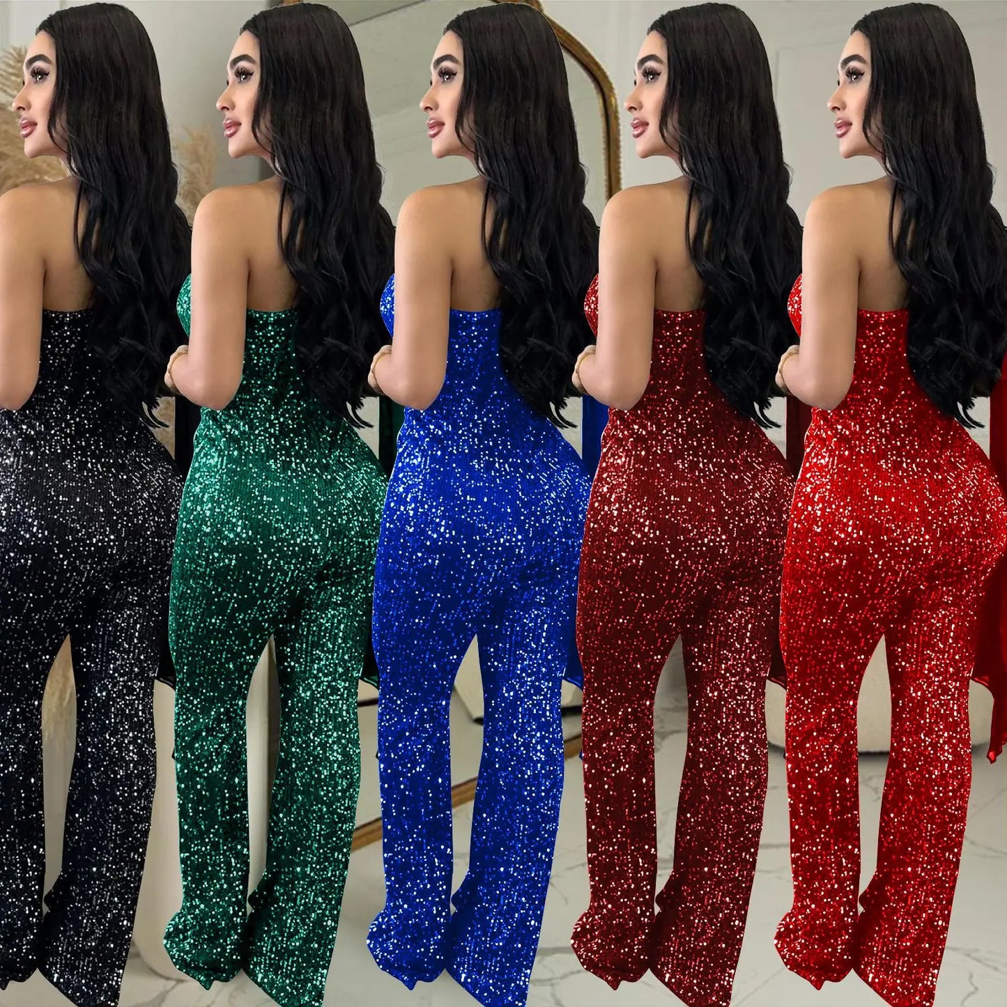 Sequin Luxury Street Jumpsuit Women Sleeveless Sexy Club One Piece Outfit Solid Straight Pant Female Fashion Party Jumpsuit