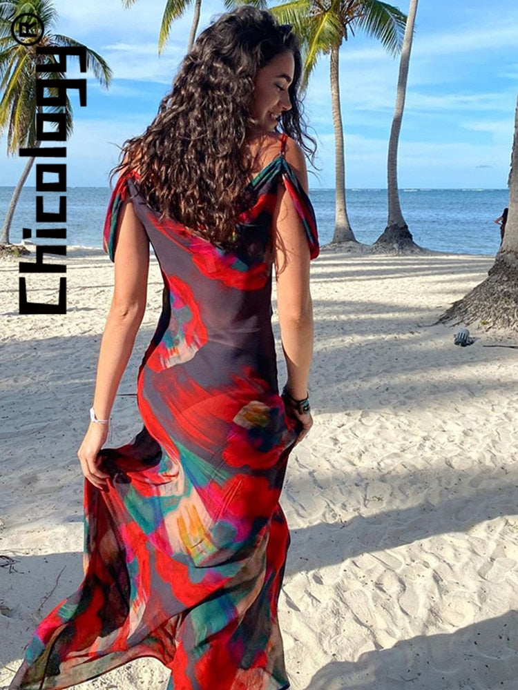 Chicology 2022 Women Chiffon Printed Strap Swinging Collar Maxi Dress Bodycon Sexy Elegant Beach Vacation Festival Hawaii Outfit