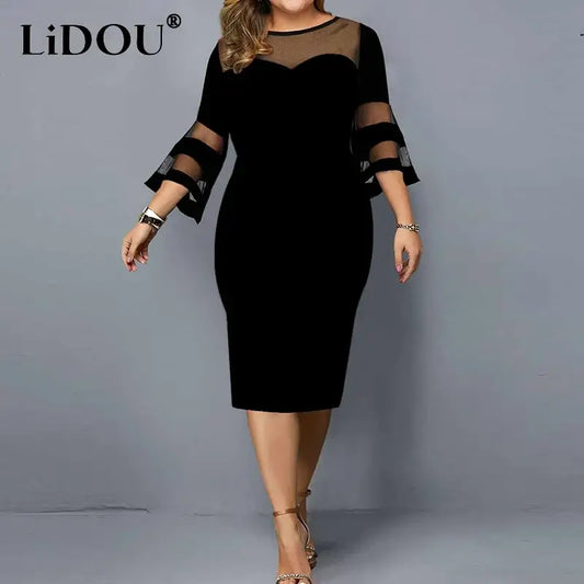 Frühling Sommer Elegante Mode Spitze Patchwork Übergröße Kleider Damen Sexy Mesh Abendparty Vestidos Einfarbig Bodycon Robe Femme