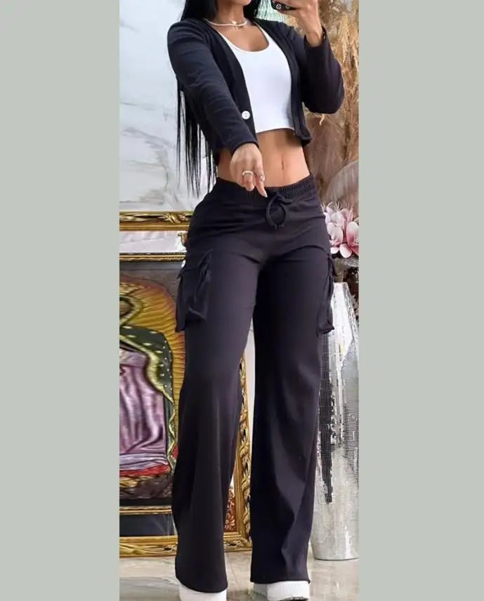 Women's Spring Summer New Fashionable Solid Color Printed Sexy Waist Short Top Casual Pants Set For Women