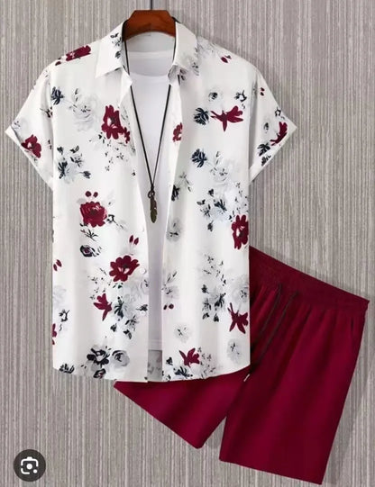 Comfortable Coconut trees leaves color blocking 3D Print shirt +Shorts Two Piece Set Short Sleeve Flip collar shirts half pants