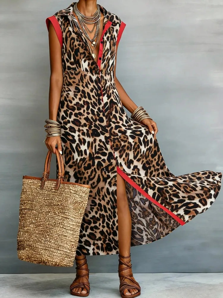 UOOZEE Women's Fashion Leopard Printed High Slit Lapel Shirt Dress 2026 New Summer Flying Sleeves High Waisted Maxi Dresses