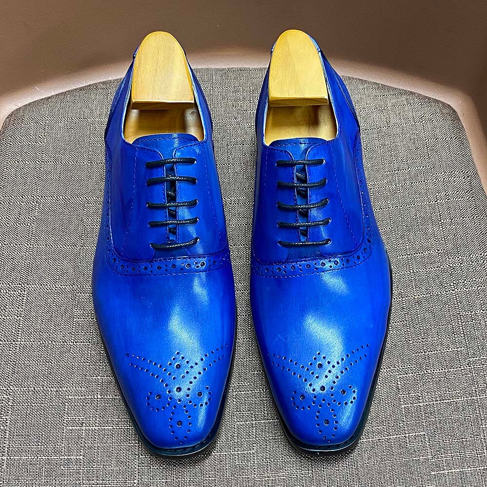 Men&#39;s Luxury Brand Shoes Fashion Brogue Formal Black Blue Lace-Up Wedding Office Dress Genuine Leather Oxford Shoes for Man