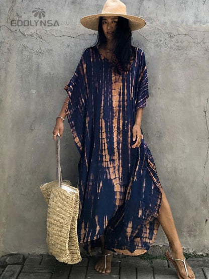 Bohemian Printed V-neck Batwing Sleeve Side Split Loose Dress For Women Clothes Plus Size Beachwear Maxi Dresses Q1218