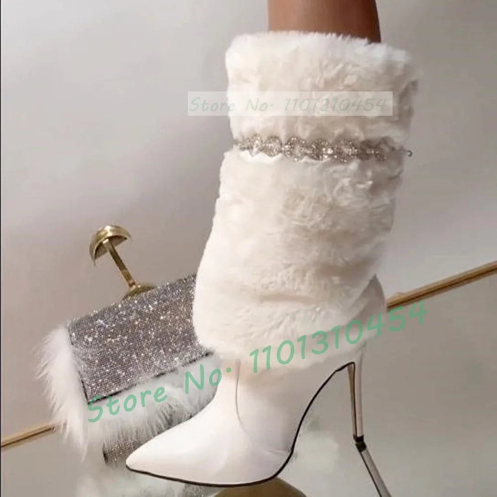White Furry Mid-calf Boots Women Shiny Crystal Chain Wrapped Warm Pointy Toe Shoes Winter Elegant Ladies High Heels Casual Shoes