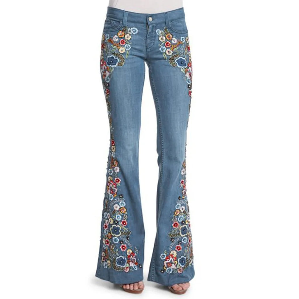 Women Retro Floral Embroidered Denim Flare Pants Distressed Straight Plus Size Trousers Elegant Women Palazzo Wide Leg Jeans