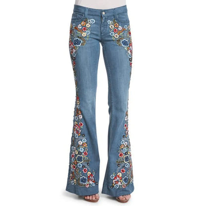 Women Retro Floral Embroidered Denim Flare Pants Distressed Straight Plus Size Trousers Elegant Women Palazzo Wide Leg Jeans