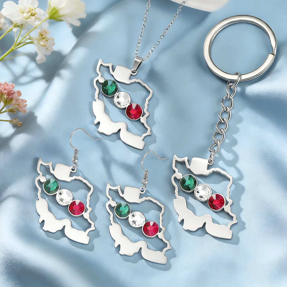 Dawapara Iran Map Pendant Jewelry Sets Zircon Earrings Keychain Necklace for Women Stainless Steel Map Jewellery