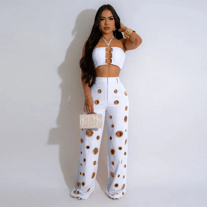 FLARORA Y2k Hole Sequined Wide Leg Pants Streetwear Sexy Solid Halter Sleeveless Backless Tops And Pants Women's Two Pieces Set