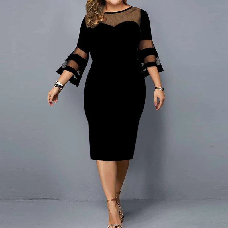 Spring Summer Elegant Fashion Lace Patchwork Plus Size Dresses Women Sexy Mesh Evening Party Vestidos Solid Bodycon Robe Femme