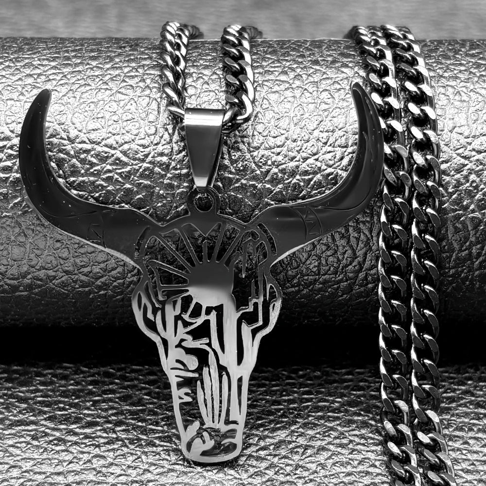 Fashion Bull Head Pendant Animal Cowboy Necklace Women Men Stainless Steel Silver Color Mexican Cow Necklaces Jewelry N3214S03