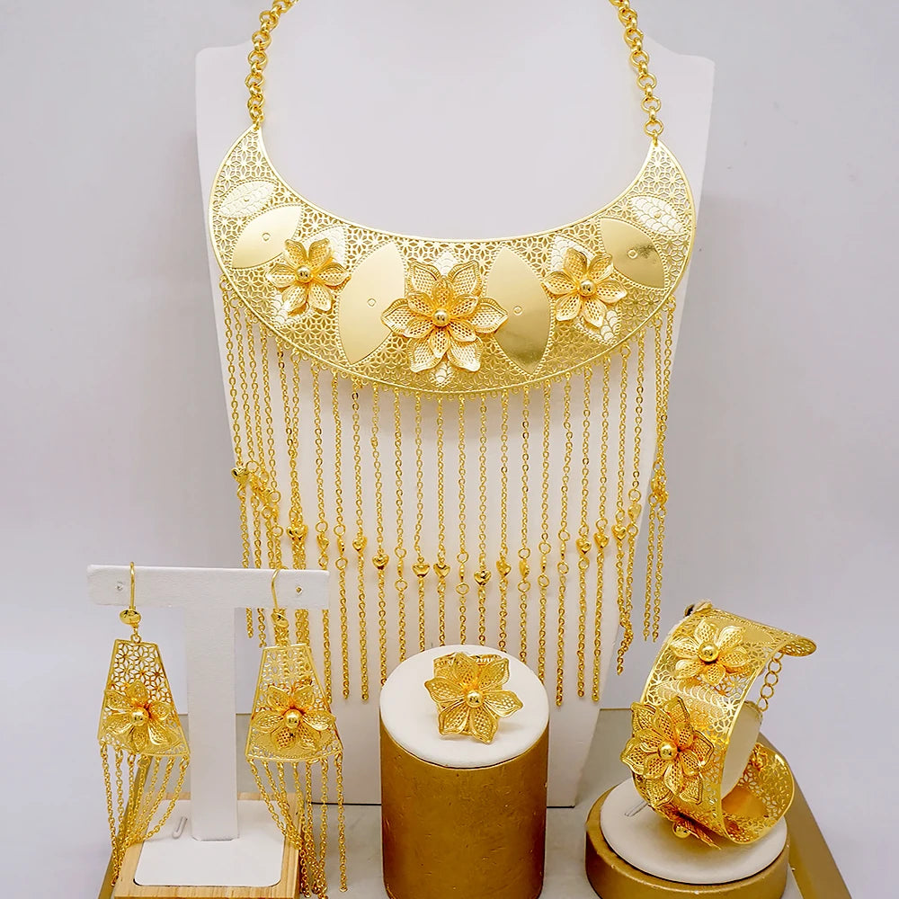 Women Necklace Dubai 24k Plated Gold Jewelry Set Original Earrings Rings Bracelets Wedding Accessory Gifts Nigeria