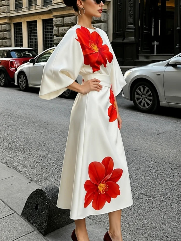 2026 New Women's Elegant Tie-Dye Dress, Smooth Satin Round Neck with Puff Sleeves and High-Waisted Belt, Deep Red Floral Print, US Sizing, Shipped from US Warehouse, Fast Delivery, Luxurious Minimalist Spring/Summer Dress, Pe