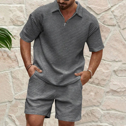 European and American Men's Spring and Summer Trends Youth Outdoor Lapel Small Plaid Short Sleeve Shorts Sports Suit