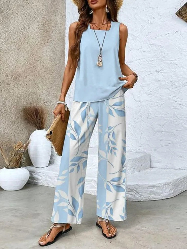 Summer New Women's Flower Stripe Print Two-Piece Set Square Collar Sleeveless Vest Solid Tops & Long Pants Sets Female 2025