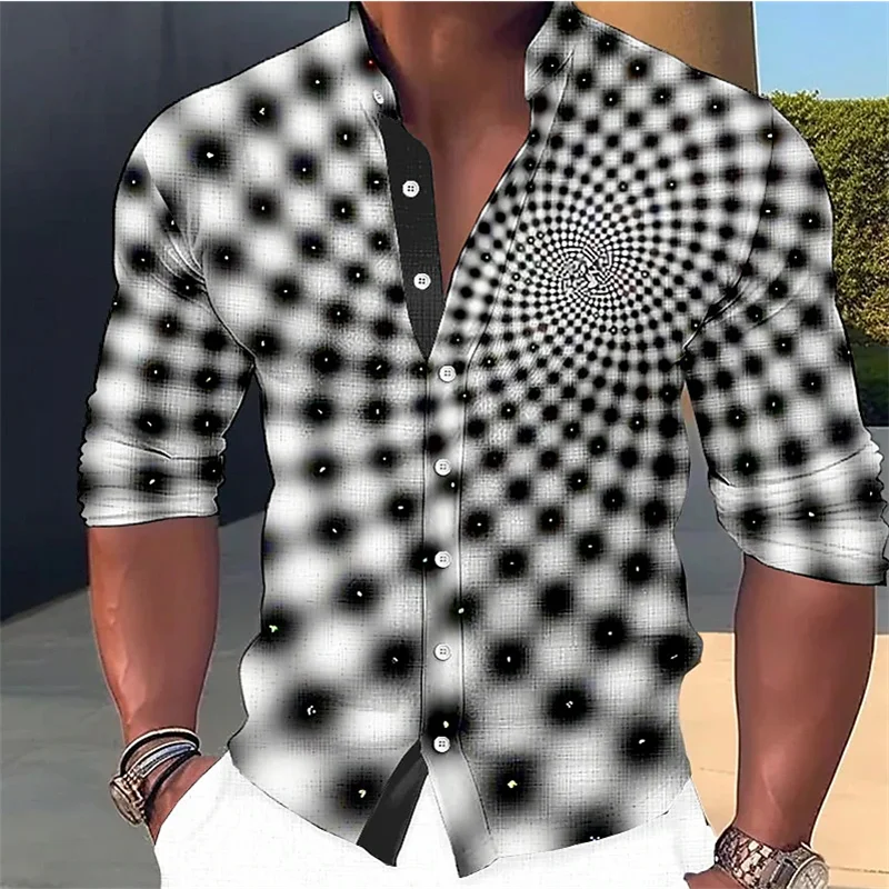 Men's Shirt Optical Illusion Graphic Stand Collar Long Sleeve Print Clothes Clothing Fashion Street Designer Casual Tops