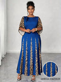 Elegant Leopard Print Maxi Dress, Plus Size Fashionable Long Sleeve Gown, Comfortable & Stylish Women's Clothing