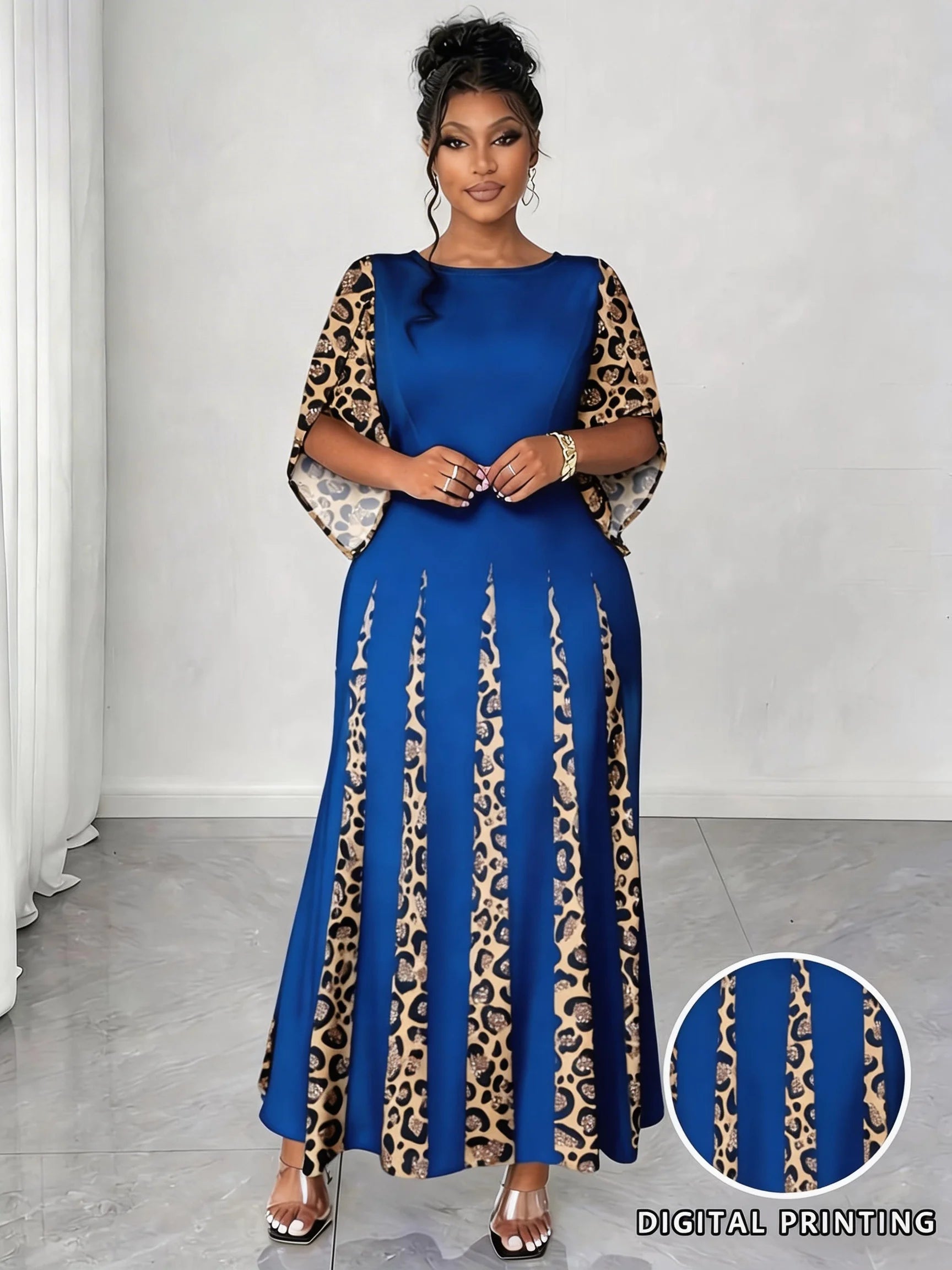 Elegant Leopard Print Maxi Dress, Plus Size Fashionable Long Sleeve Gown, Comfortable & Stylish Women's Clothing