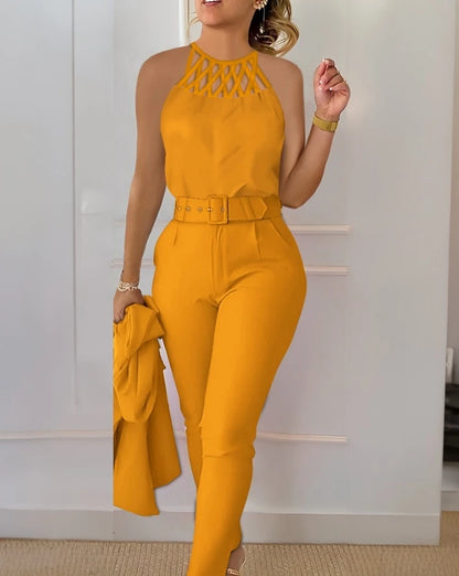 Two Piece Set Women Outfit  Summer Fashion Hollow Out Round Neck Sleeveless Tank Top & Casual Pocket Daily Pants Set