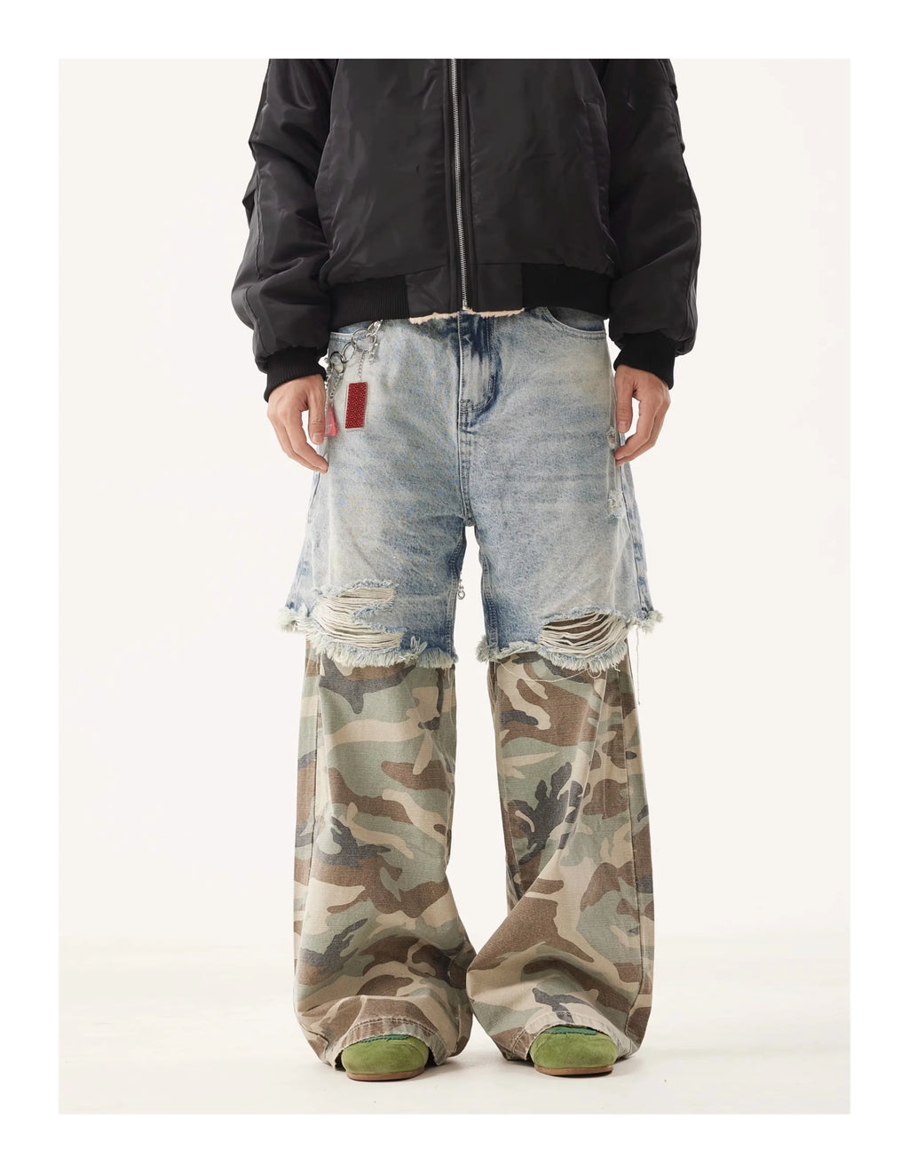 PFNW Niche Design Men's Jeans Washed Distressed Colorblock Splic Fake Two Piece Loose Straight Trousers Wide Leg Pants 28W5474