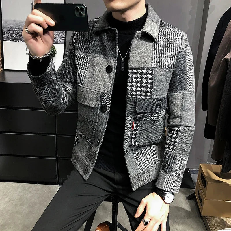 2023 Autumn and Winter Fashion New Men's Casual Lapel Hoodless Jacket / Male Slim Plaid Woolen Coat