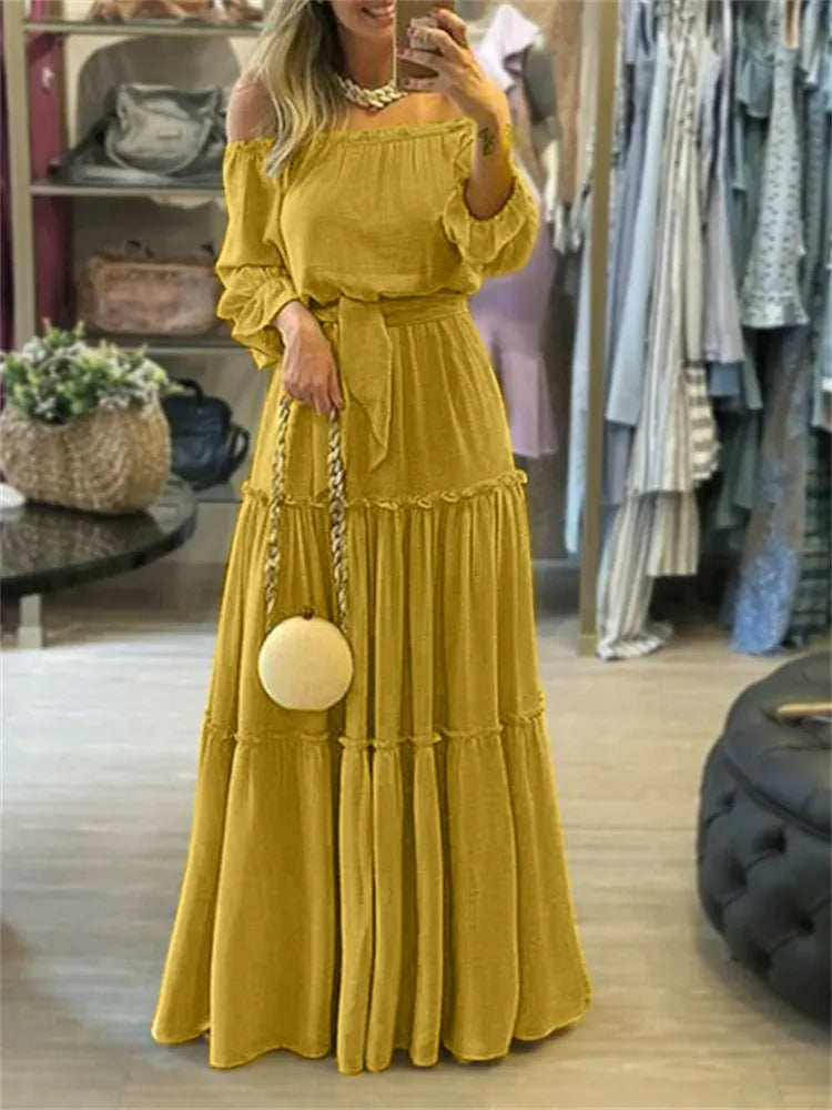 Oversized Loose Maxi Dress Women Sexy Slash Neck Off Shoulder Long Dress Female Solid Long Sleeve Ruffles Bohemian Casual Dress